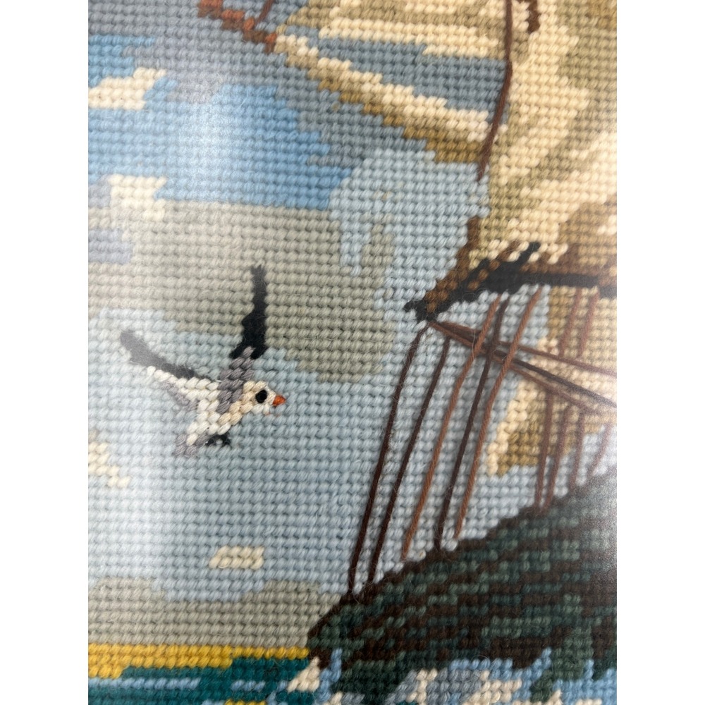 Vintage Nautical Needlepoint Framed Art Clipper Ship Seagulls Ocean 18x24 Large - Picture 9 of 13